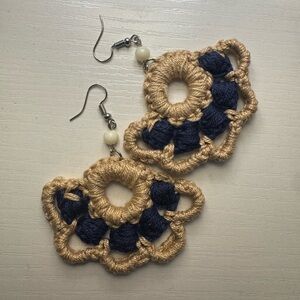 Handcrafted Navy and Gold Crochet Earrings